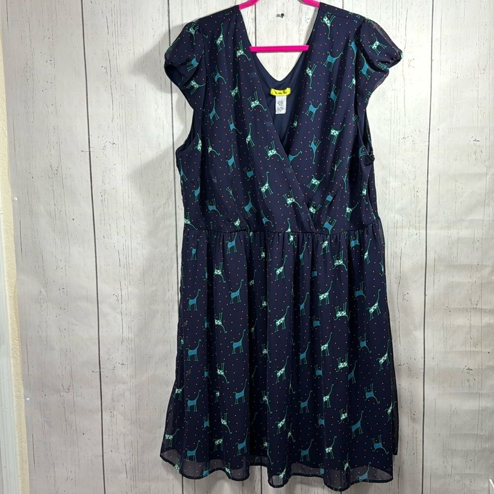 Yellow Star Navy Blue Giraffe Print Midi Dress Plus Size 4X Made in USA Safari